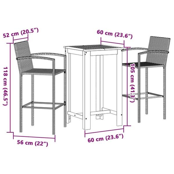 dimension image slide 5 of 9, vidaXL 5 Piece Patio Bar Set Gray Solid Wood Acacia and Poly Rattan - 23.6" x 23.6" x 41.3"