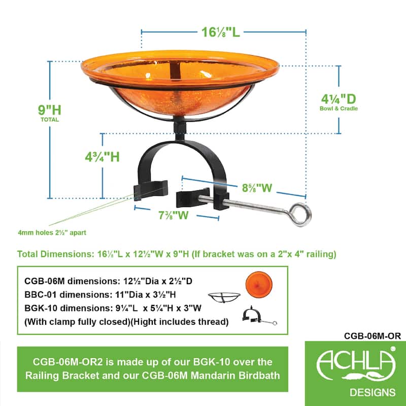 Achla Designs 12.5"Dia. Round Crackle Glass Birdbath w/Black Wrought Iron Over Rail Bracket