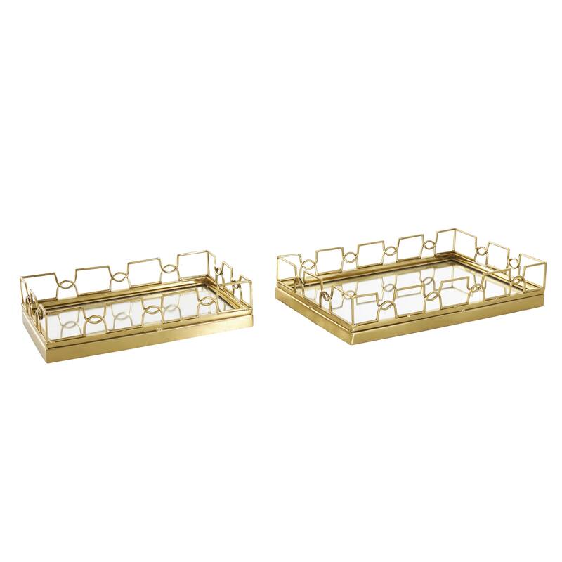 Gold Stainless Steel Metal Mirrored Geometric Living Room Decor Tray with Wire Rod Frame and Mirrored Glass Interior (Set of 2)