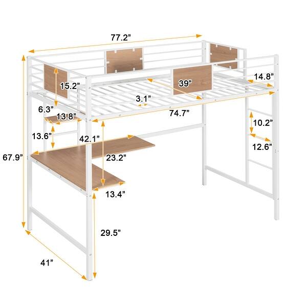 dimension image slide 1 of 2, Twin Size Metal Loft Bed with Desk and Shelve for Kids, Teens, Girls, Boys