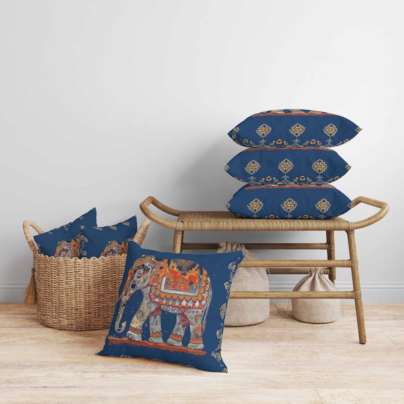 Decorated Elephant Faux Suede Reversible Throw Pillow Blue and Gray