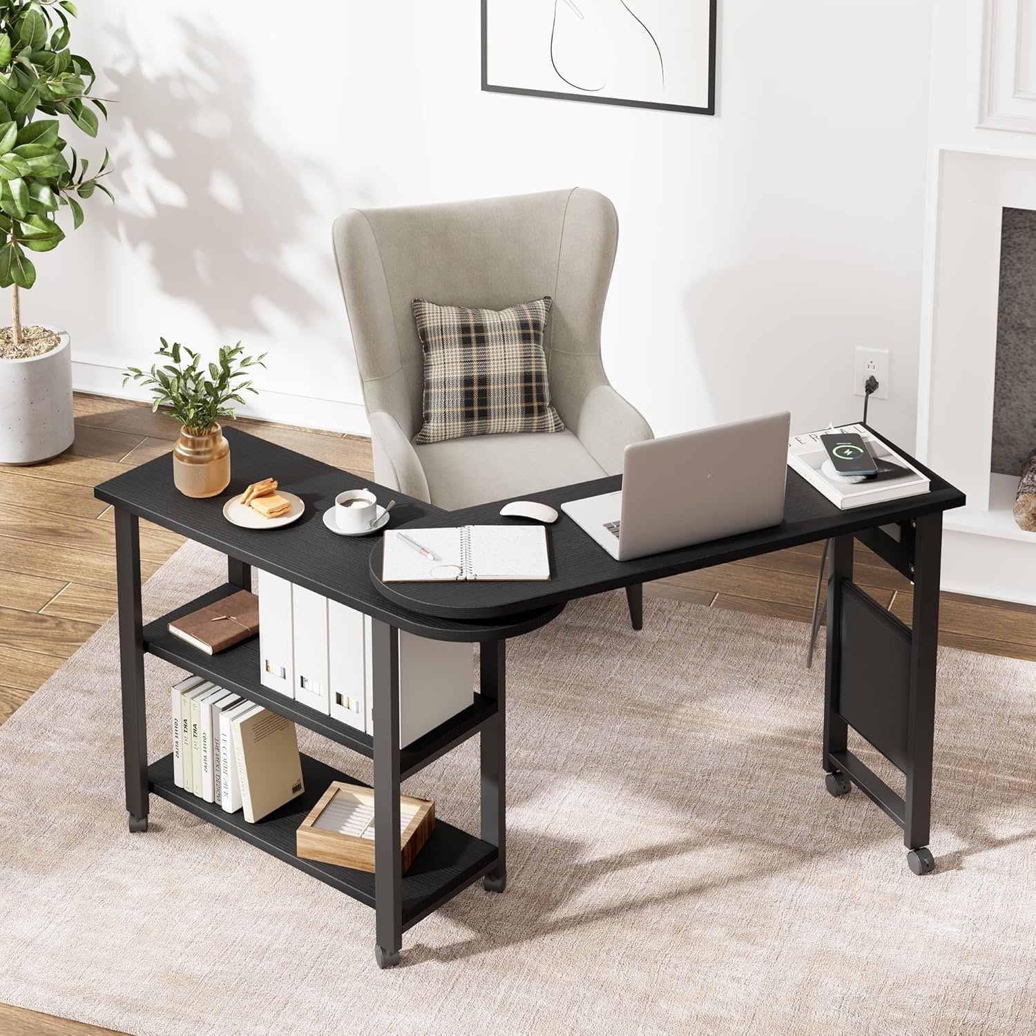Rotating Side Table with Storage Shelf and Side Pouch,Multi-Functional Desk/Office Table with 6 Caster Wheels