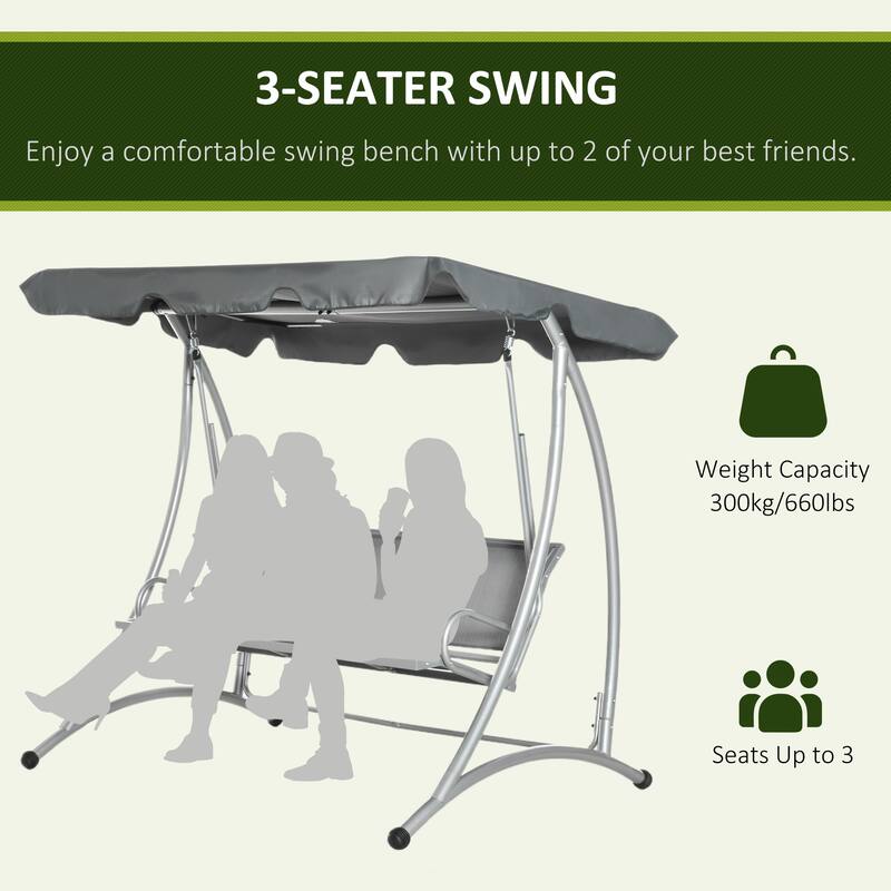 Outsunny 3 Person Patio Swing Seats with Adjustable Canopy Outdoor Swing Chair Bench for Garden, Poolside