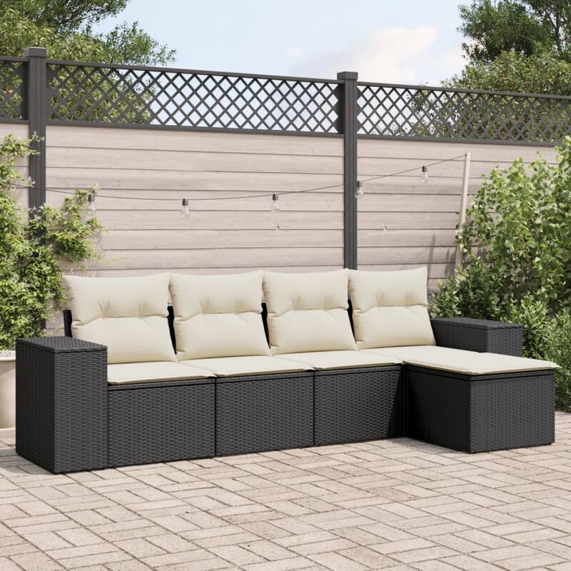 vidaXL Patio Sofa Set with Cushions Outdoor Conversation Furniture Poly Rattan - Black and cream without table - 24.4 x 36.6 x 27.2