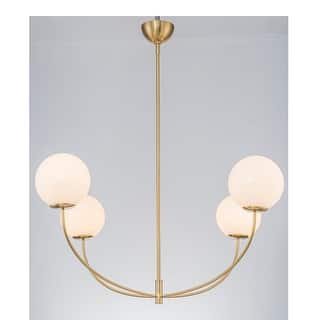 4-Light Modern Elegant Curved Adjustable Chandelier in Brass Finish with Milk White Glass Globe Shades