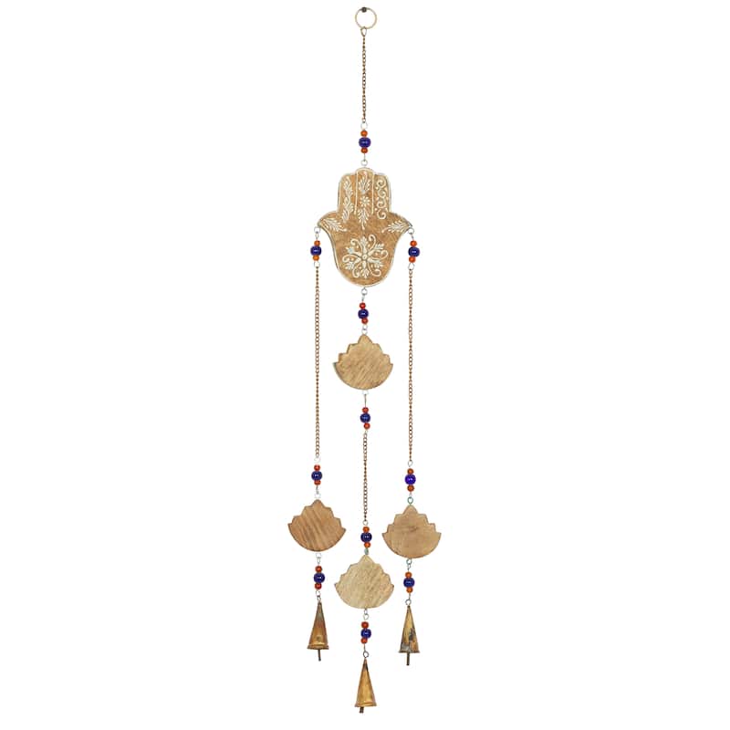 Brown Mango Wood Handmade Hamas Buddha Windchime with Glass Beads and Cone Bells - 5 x 1 x 32