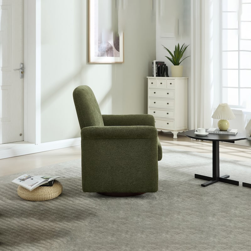 Linen Fabric Swivel Barrel Chair, Ergonomic Upholstered Single Sofa Chair, Lounge Armchair with Curved Back & Wood Base