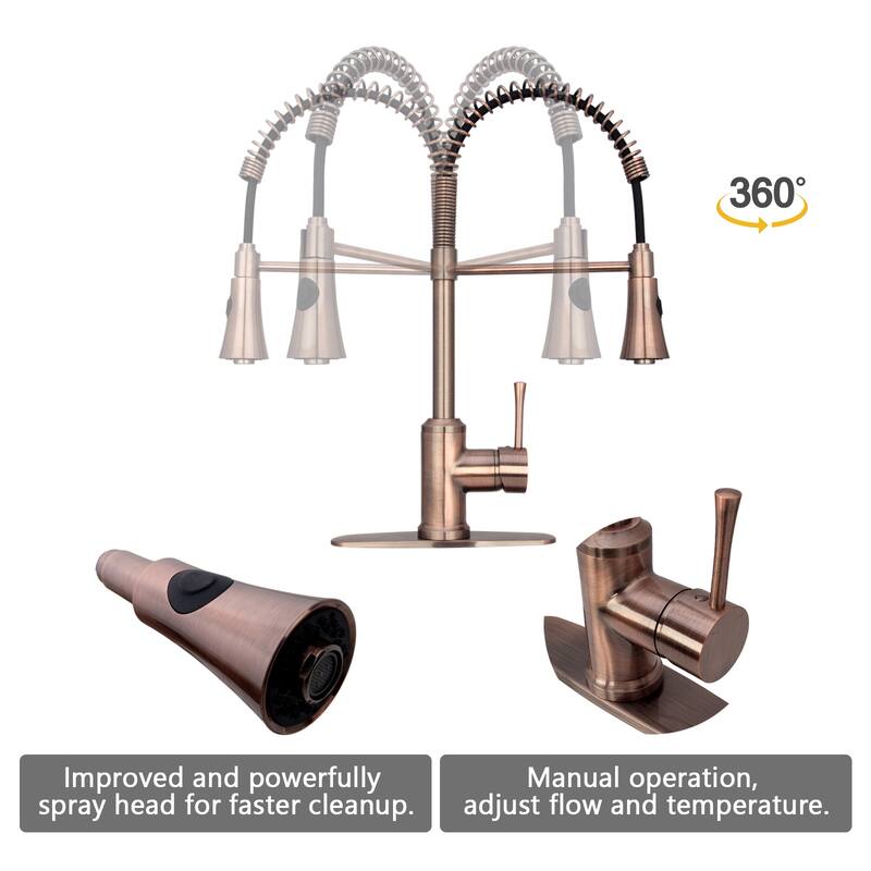 Copper Pre-Rinse Spring Kitchen Faucet, Single Level Handle and Pull Down Sprayer