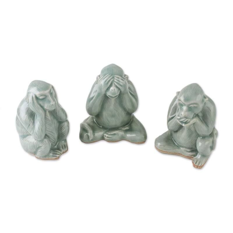 Novica Handmade Offering Wisdom Celadon Ceramic Figurines (Set Of 3)
