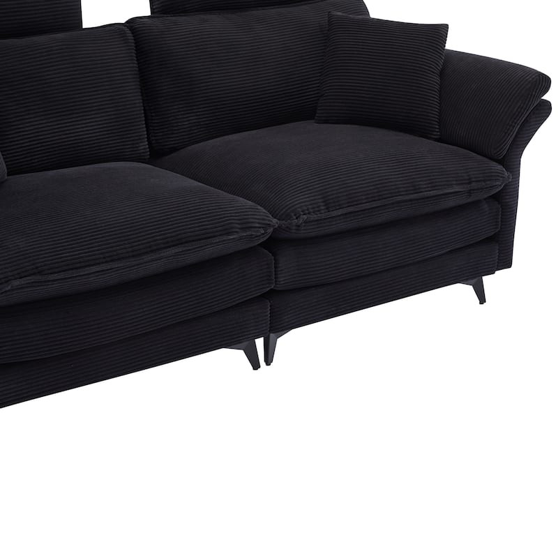 Corduroy Loveseat Sofa, Deep Seat Sectional Sofa wMovable Ottoman & 2 Pillows Upholstered Tufted Couch for Living Room