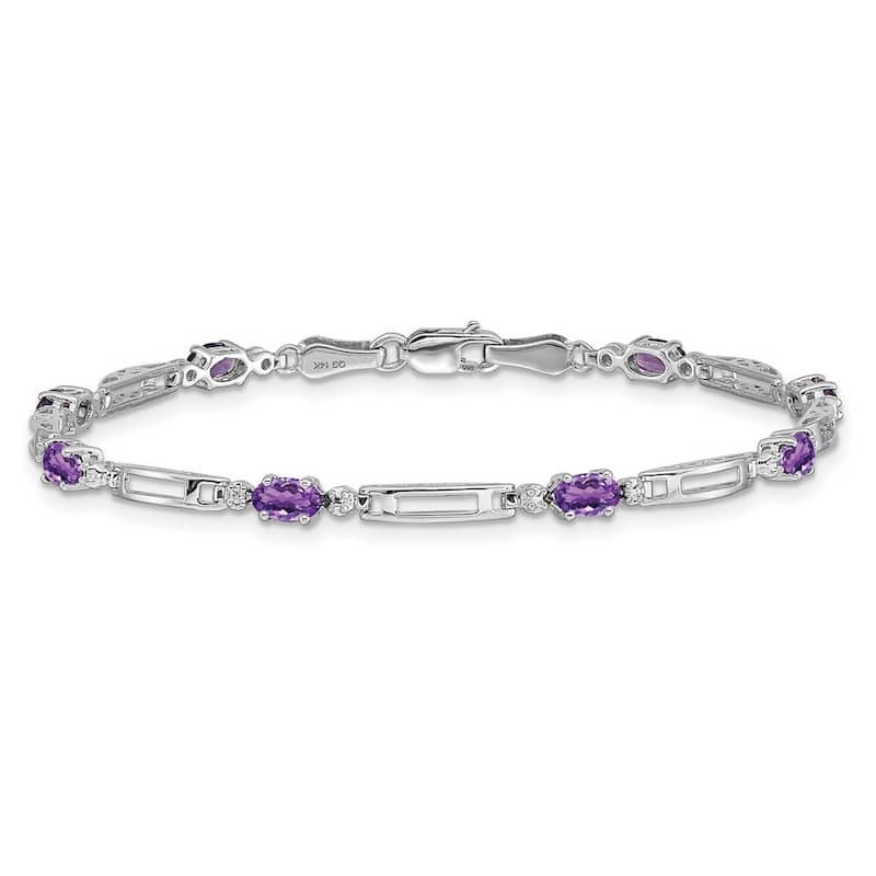 Curata 3.5mm 14k White Gold Diamond Amethyst Bracelet