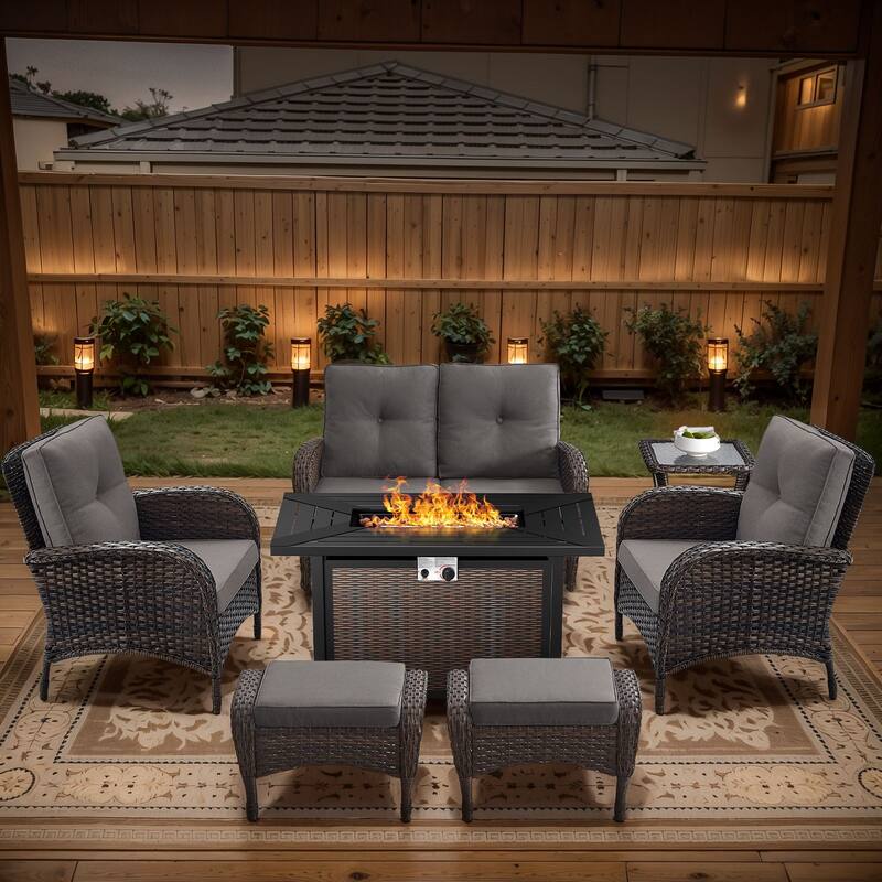 Gymojoy Outdoor Fire Pit Conversation Set, Loveseat Glider Sofa & Chairs - Patio Furniture Set - 7-Piece included Club Chairs & Ottomans - Grey