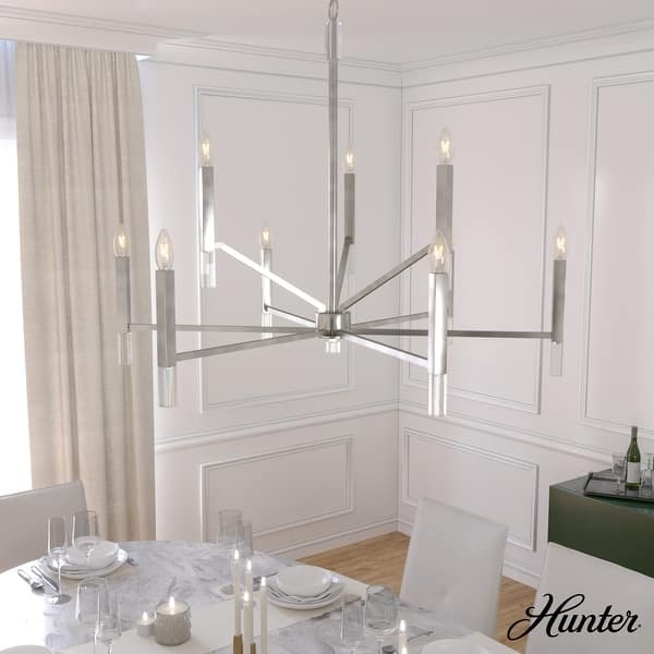 slide 2 of 7, Hunter Sunjai 9-Light 2-Tier Chandelier - Entry, Dining Room, Living Room - Candle, Geometric, Contemporary, Glam Brushed Nickel