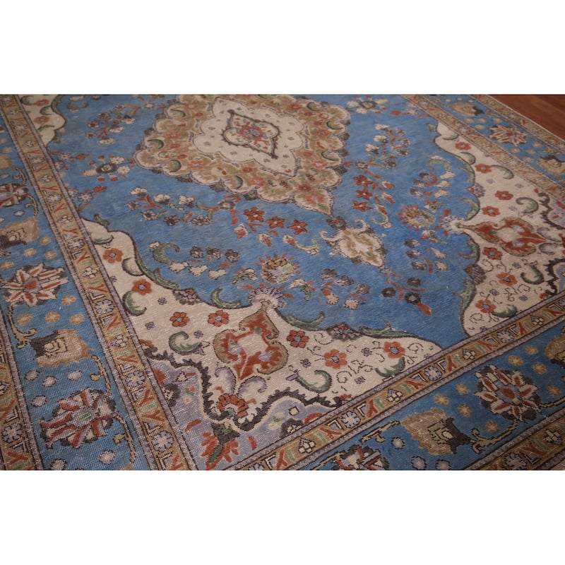 Distressed Blue Tabriz Vintage Persian Area Rug Handmade Wool Carpet - 8'1" x 11'2"