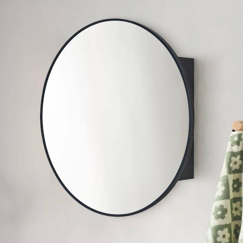 Surface Mount Black Circular Round Bathroom Medicine Cabinet with Mirror and adjustable shelves - 26" x 26" - Black