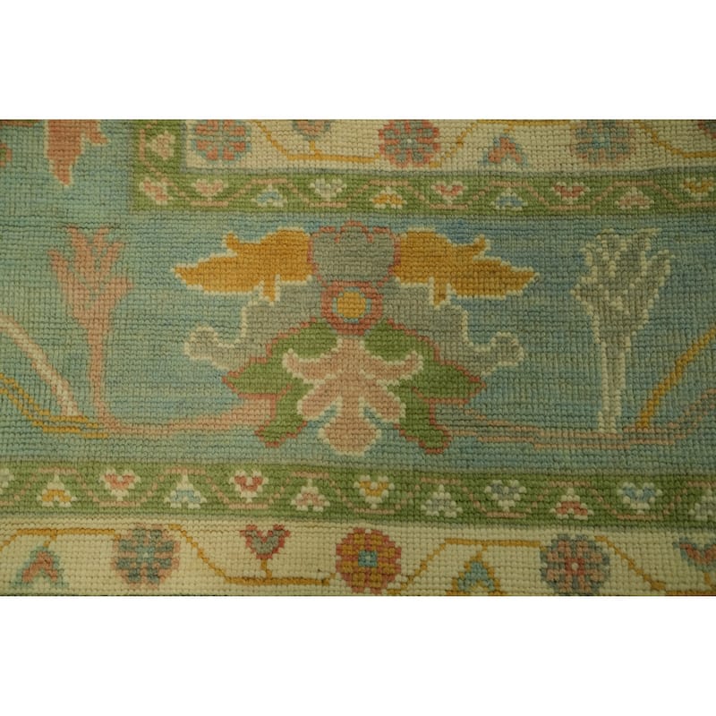Floral Green Oushak Vegetable Dye Large Rug, Floral Geometric Carpet - 14' 10'' X 11' 10''