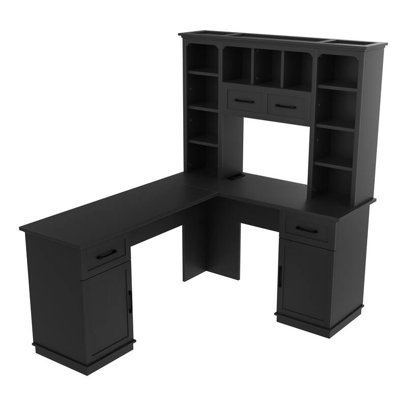 L-Shaped Computer Desk with 2 Cabinets, 2 Drawers & 11 Open Shelves, Flip-Up Storage Shelf for Study, Living Room, Office