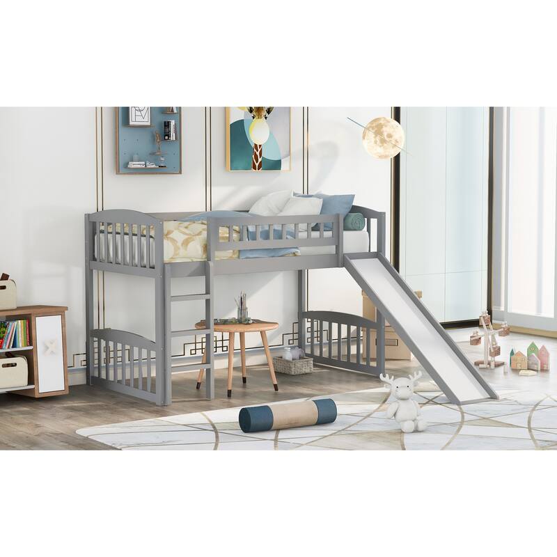 Gray Twin Loft Bed with Slide and Ladder, Space-Saving Kids Furniture