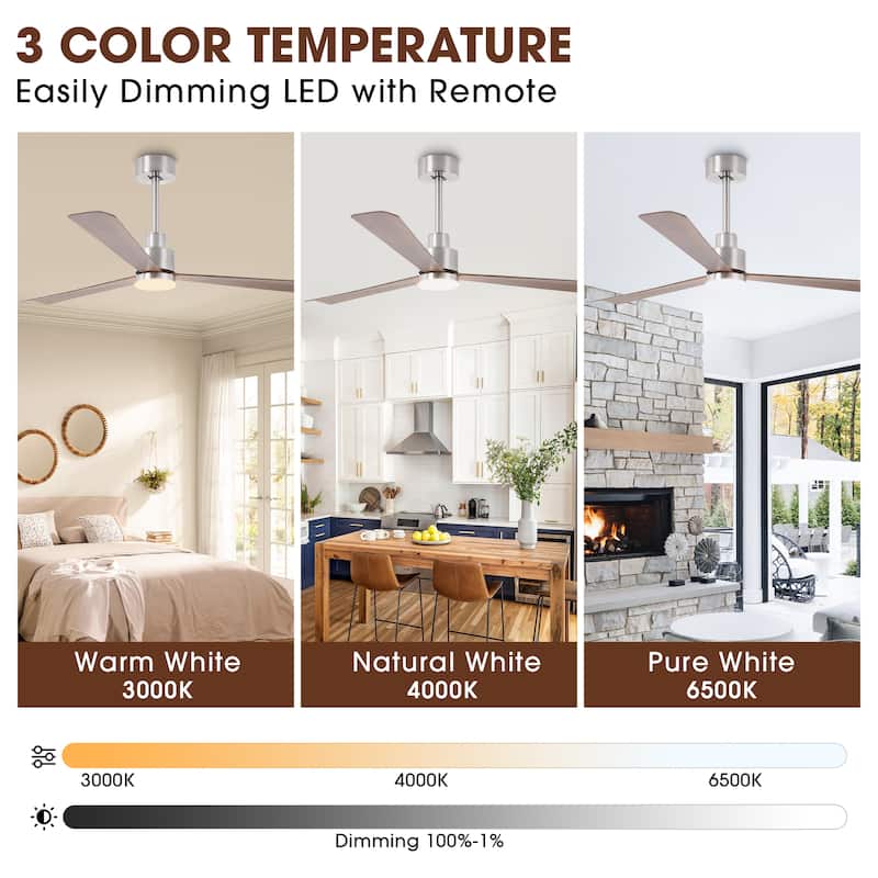 52" Brushed Nickel ABS 3-Blade Dimmable Ceiling Fan with Light and Remote