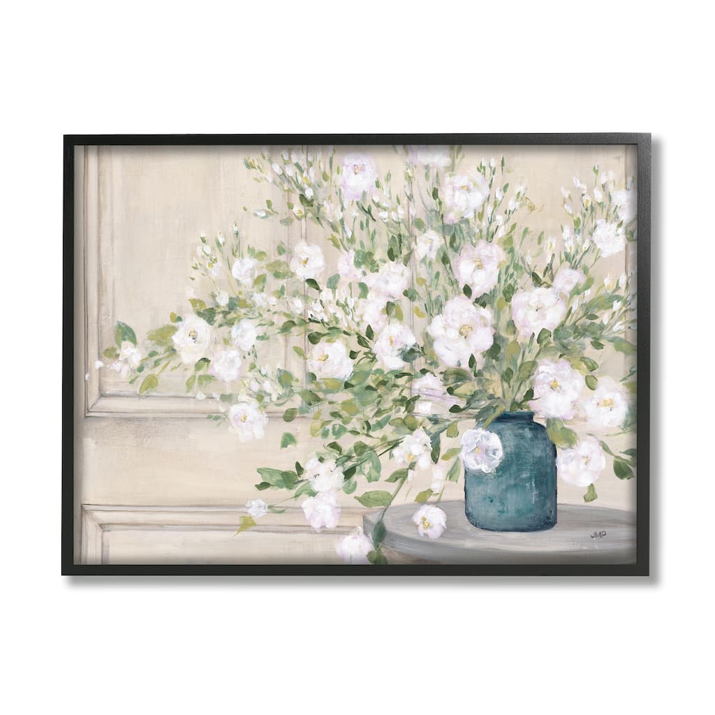 Stupell Geranium Tabletop Country Still Life Painting Blooming Flowers Framed Wall Art - White