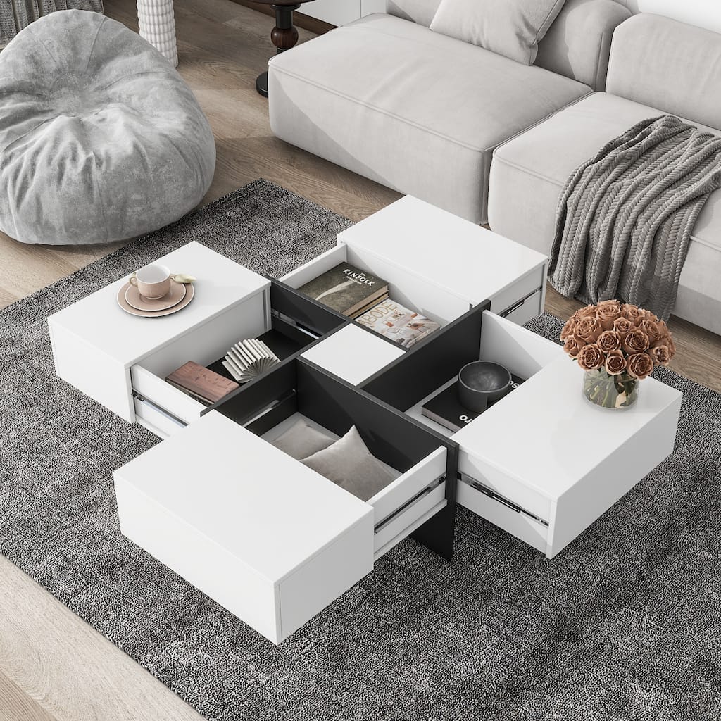 Stylish Coffee Table with 4 Storage Compartments and Extendable Sliding Top, for Living Room, 31.5 inches x 31.5 inches