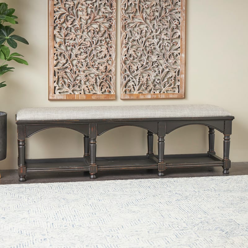 Black Fabric Arched Storage Bench with Traditional Turned Legs and Beige Cushion - Black