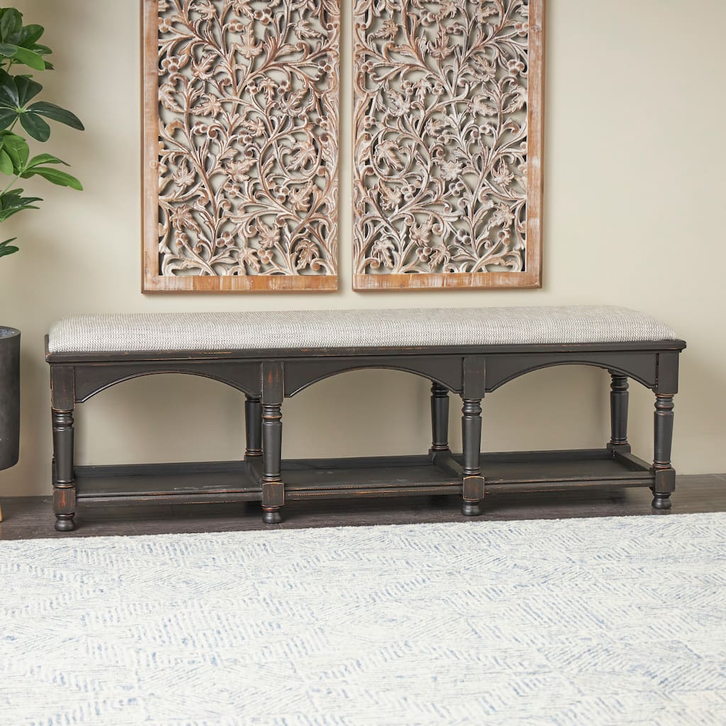 Black Fabric Arched Storage Bench with Traditional Turned Legs and Beige Cushion