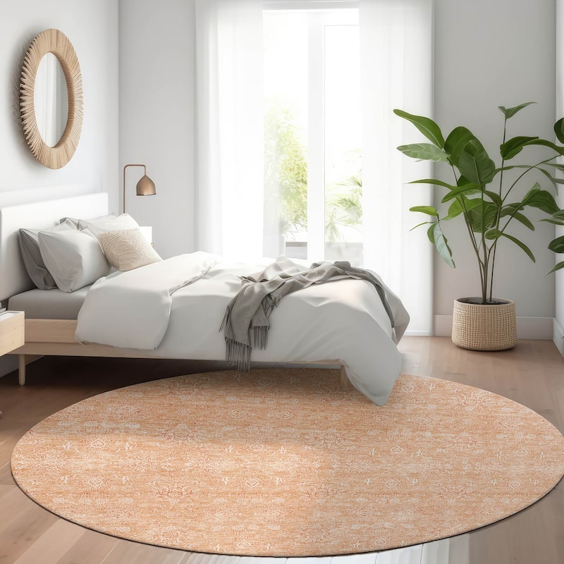 Machine Washable Indoor/ Outdoor Chantille Traditional Floral Rug - Peach - 8' x 8'