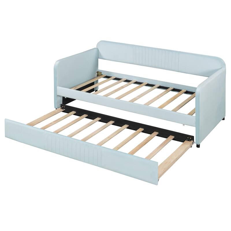 Light Blue Velvet Upholstered Twin Daybed with Trundle and Wood Slats