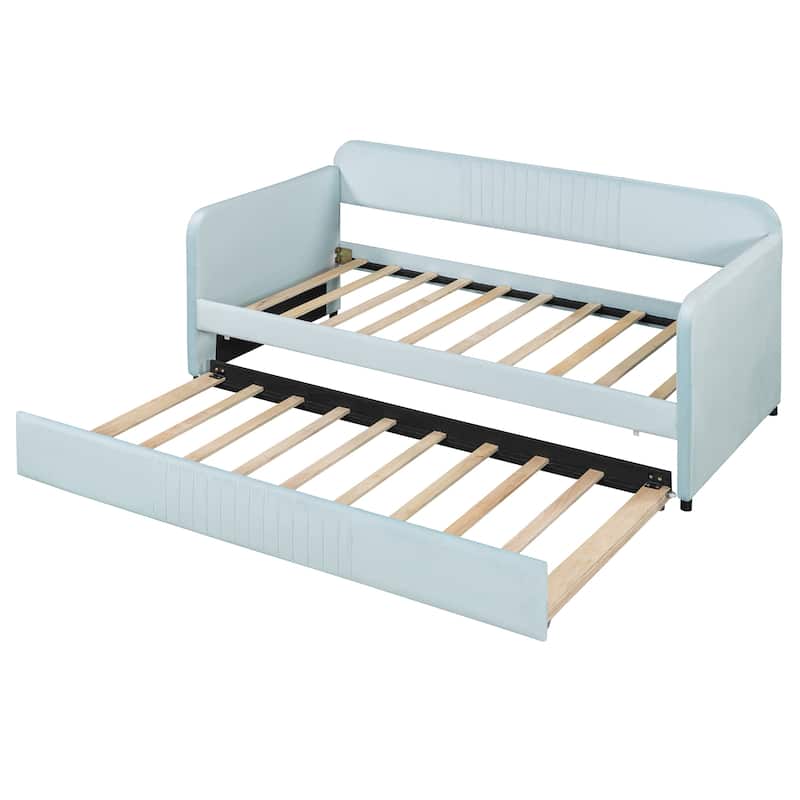 Roomfitters Twin Size Upholstered Daybed with Trundle, Velvet Fabric Sofa Bed with Wood Slats