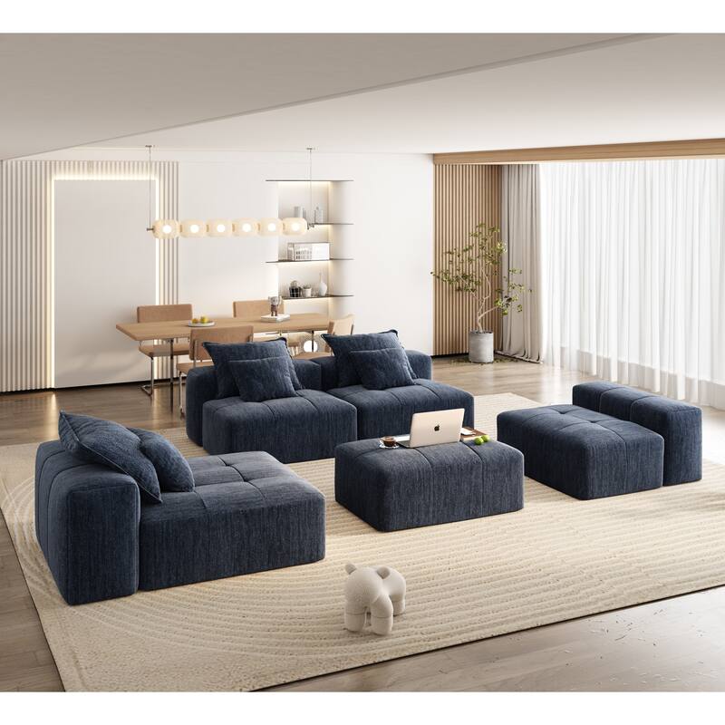 Modern Oversized Modular Sectional Sofa, Sparkling Chenille, 6 PCS DIY, No Assembly, Blue