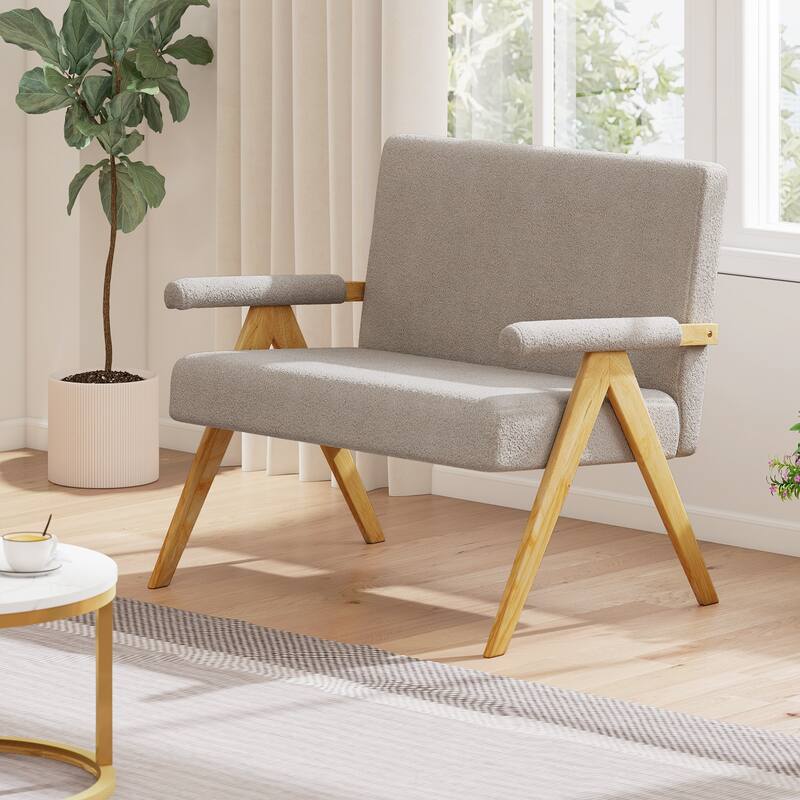 Sherpa Fabric Rubber Wood Loveseat Sofa with Cushions and Ergonomic Design - 47" x 29" x 36"