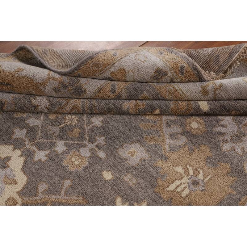 Gray Oushak Indian Area Rug Hand-Knotted Floral Wool Carpet - 9'3"x 11'7"