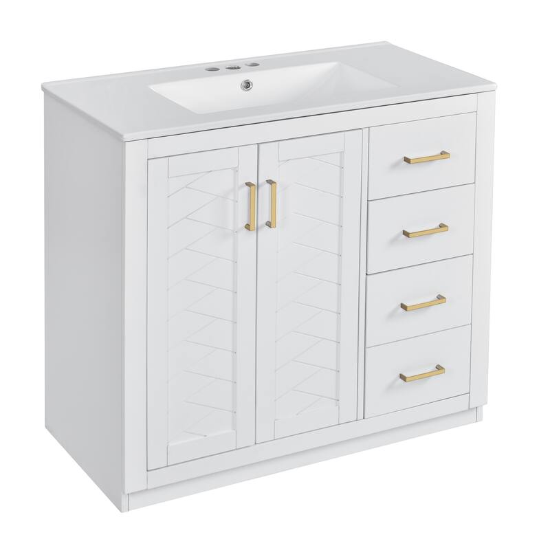 Roomfitters 72 Inch Bathroom Vanity with Ceramic Sink, Solid Wood Frame Cabinet with Sliding Tiers & Soft Close Doors, White