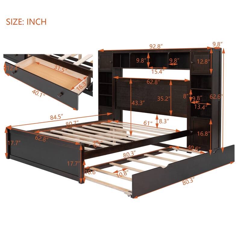 Queen Size Wooden Platform Bed with Storage, Shelves, Outlets and Trundle in Espresso