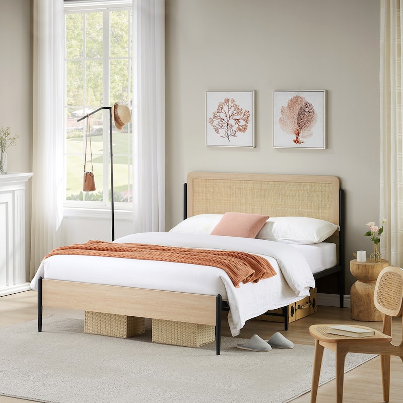 Metal Bed Frame with Curved Natural Rattan Headboard, No Box Spring Needed
