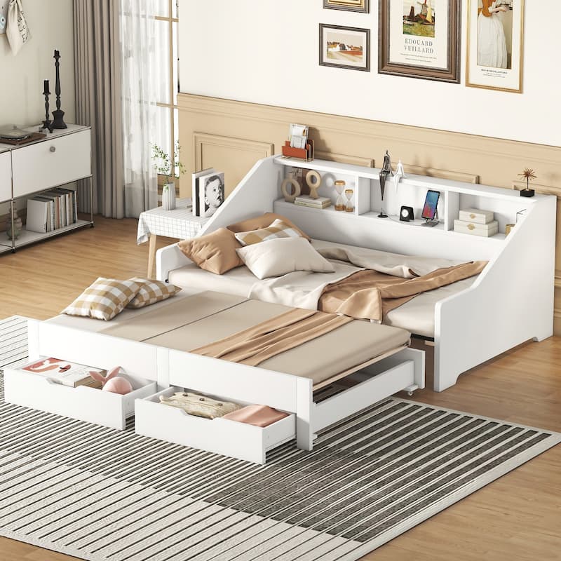 Twin to King Size Daybed Frame with Storage Bookcases and 2 Drawers,Charging Design, White - White