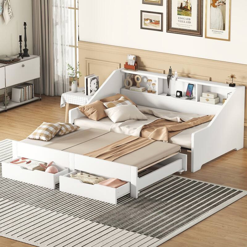 Twin to King Size Daybed with USB Ports, Wood Twin Storage Sofa Bed Frame with 2 Drawers and Bookcases, Pull Out to King Bed
