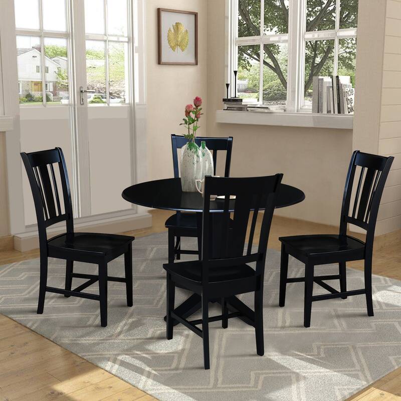 42 in Solid Wood Round Drop Leaf Pedestal Table with Dining Chairs in Black