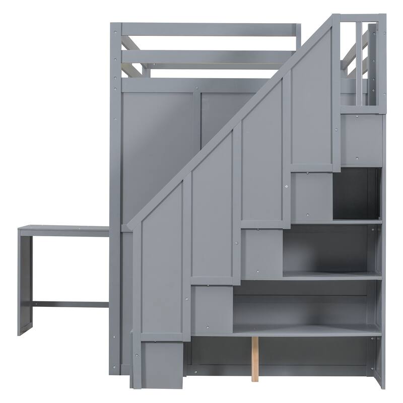 Full Size Loft Bed with Built-in Wardrobe, Desk and Shelves in Modern Gray