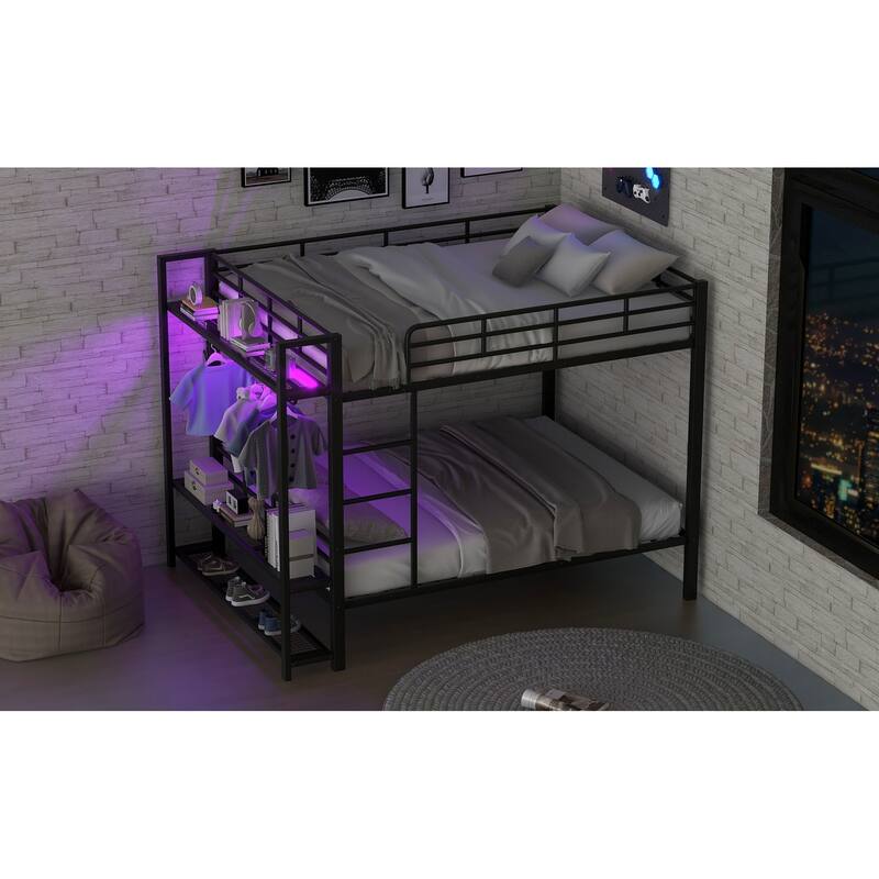 GDFStudio - Full Size Metal Bunk Bed with LED, Storage Shelves & Hooks
