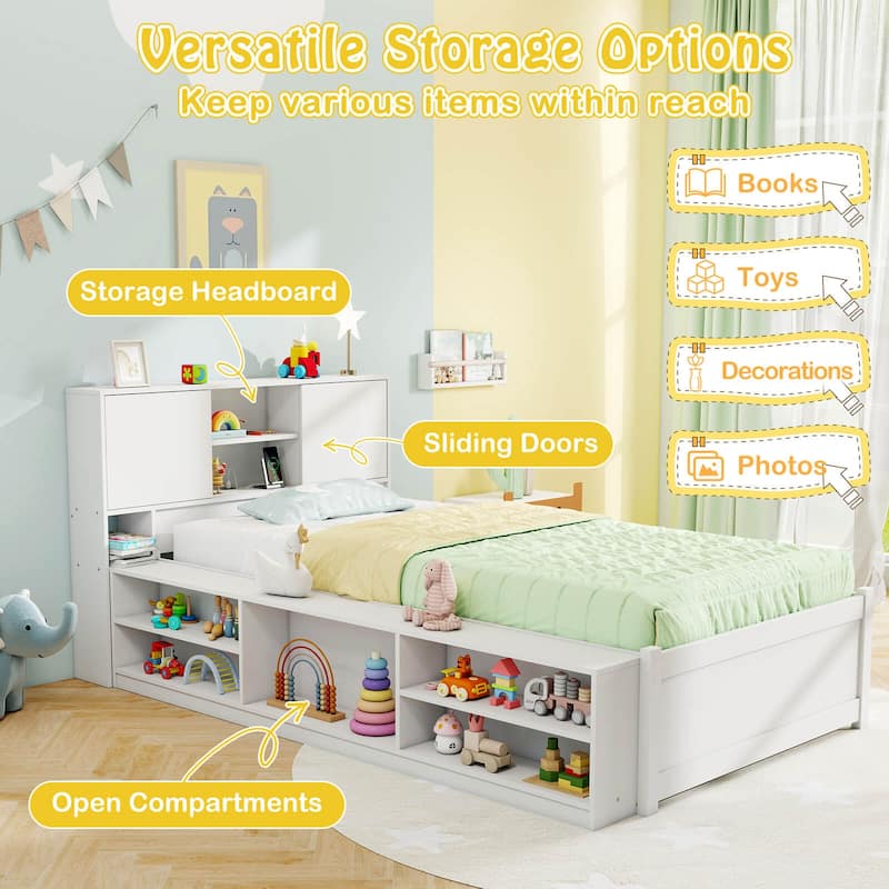 Costway Twin Size Bed Frame with Trundle & Power Outlet Bookcase