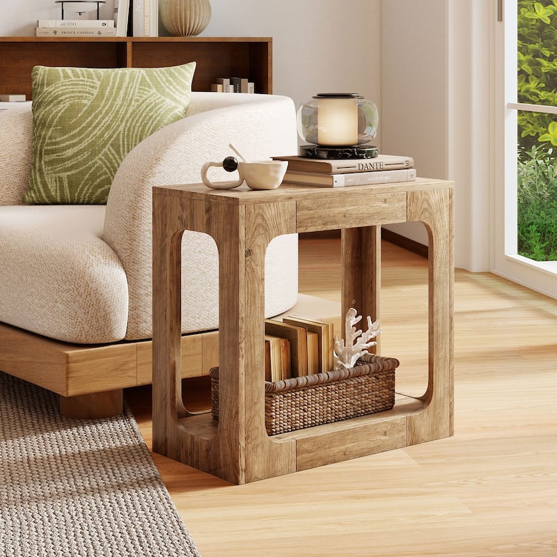 Modern 2 Tier Oak Wooden Storage Side Table for Living Room Bedroom or Small Spaces - 23.5" x 12" x 22"