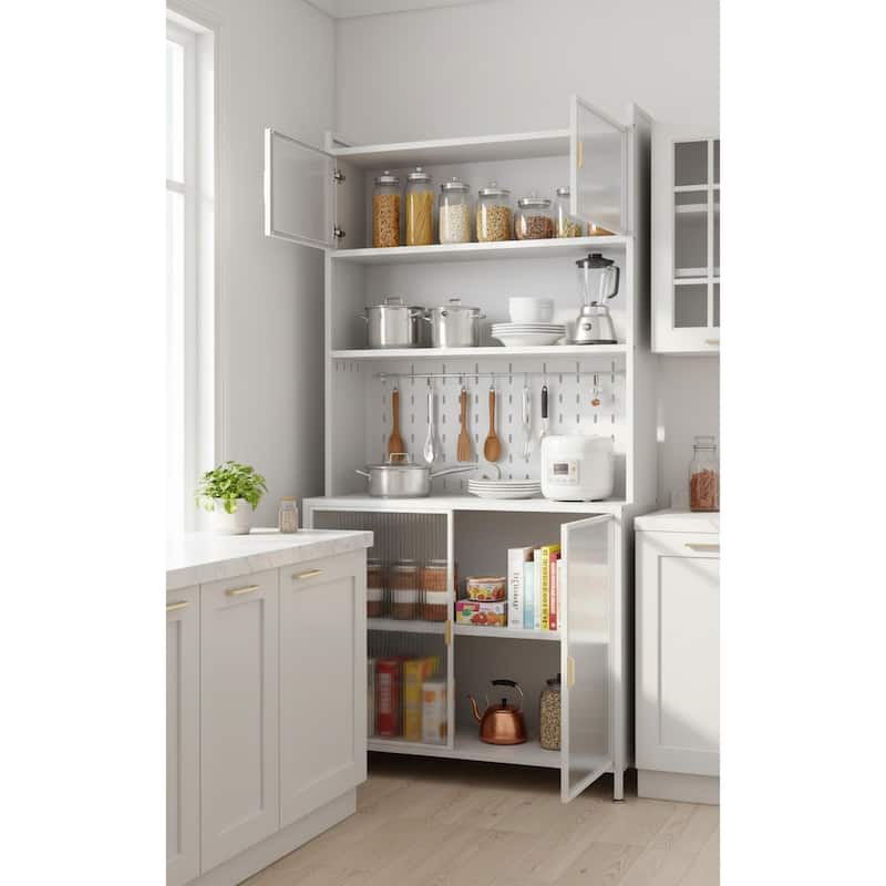 Homy Casa 73'' Tall Kitchen Pantry Cabinet 6 Flip Doors & Pegboard - White