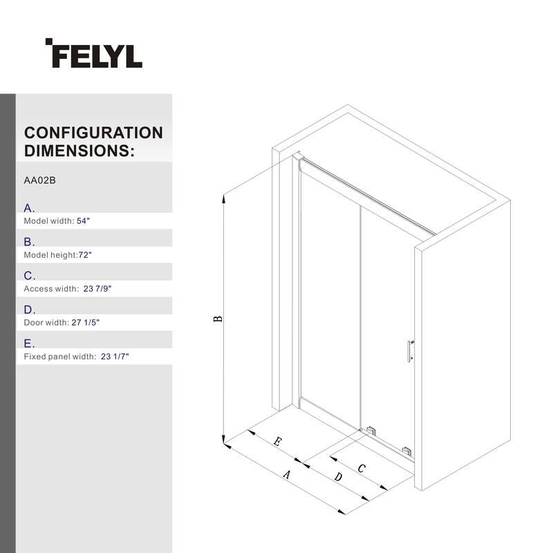 FELYL 72" H Single Sliding Framed Shower Door with Heat Soaking Process and Protective Coating Clear Glass - 54"W x 72"H
