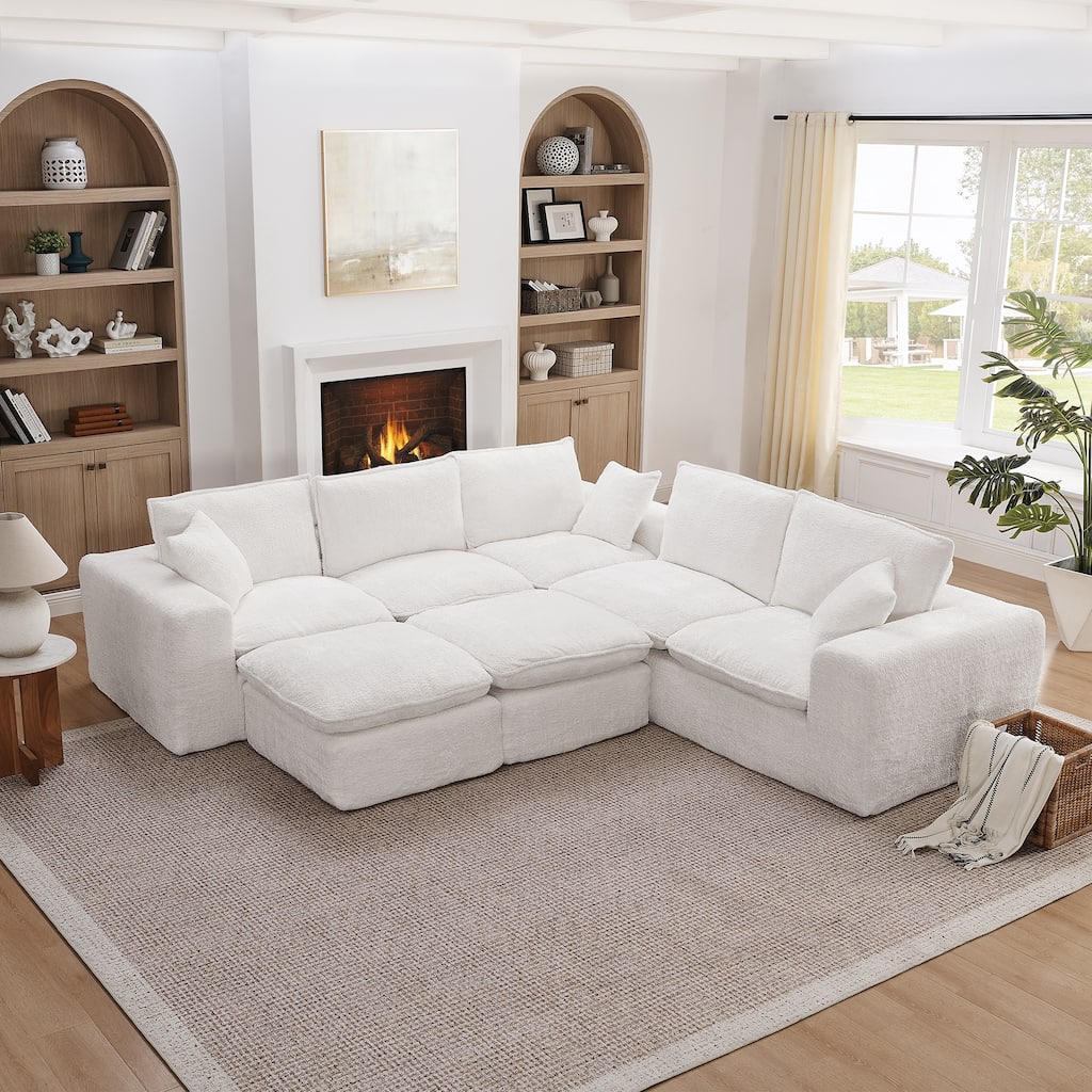 107" Modern Boucle L-shaped Sectional Sofa with Two Moveable Ottomans, Comfy Cloud Couch with Pillows, DIY Combination