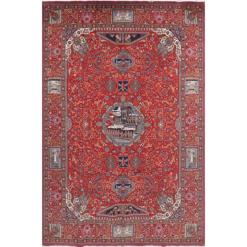 Red Pictorial Animals Kashan Turkish Area Rug Machine Made Carpet - 9'7" x 13'2"