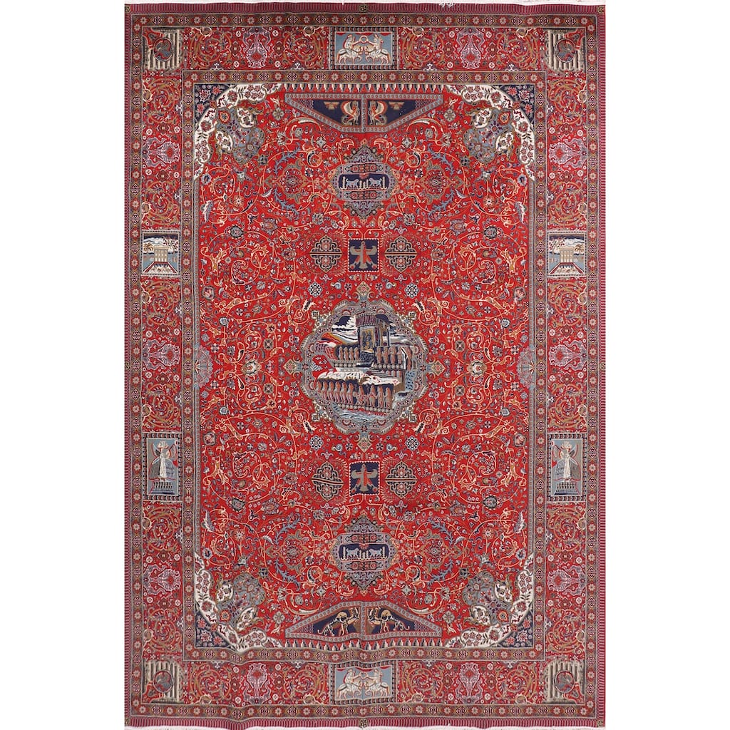 Red Pictorial Animals Kashan Turkish Area Rug Machine Made Carpet - 9'7" x 13'2"