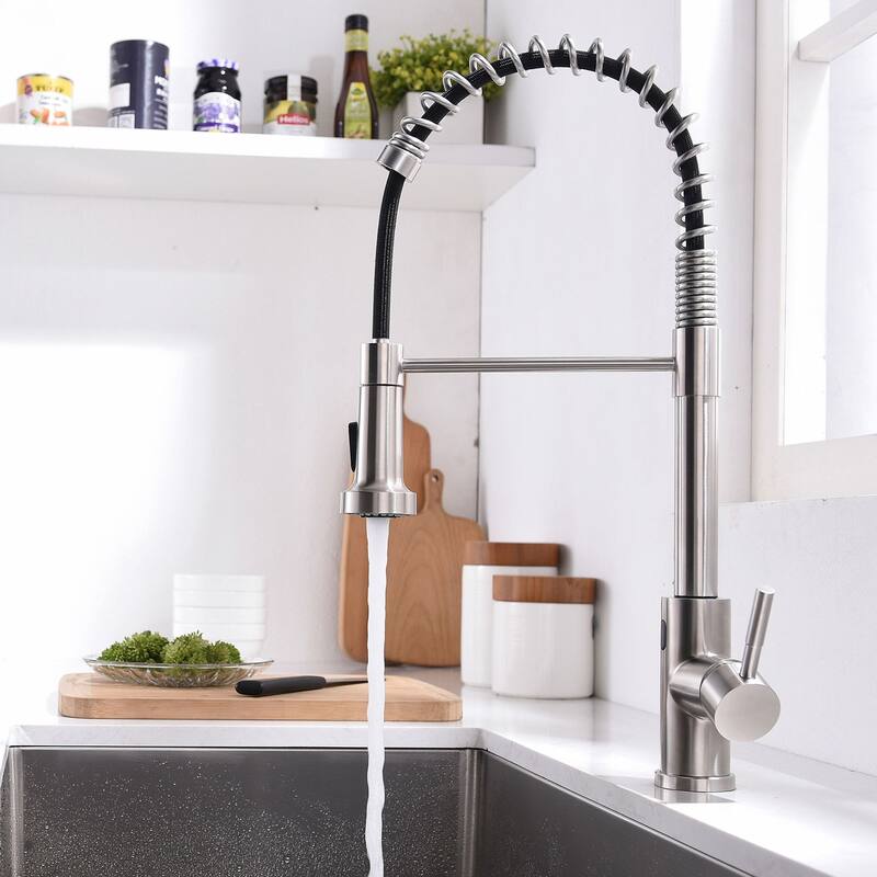 Nickel Touchless Spring Sprayer Kitchen Faucet with 2-function Spout