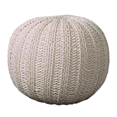20" Solid Ivory Hand Knitted Round Pouf Ottoman